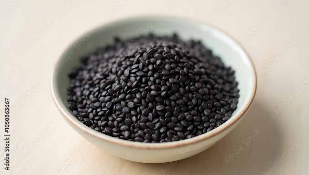 Minimalistic black sesame seeds on white ceramic Minimalistic black sesame seeds on white ceramic
