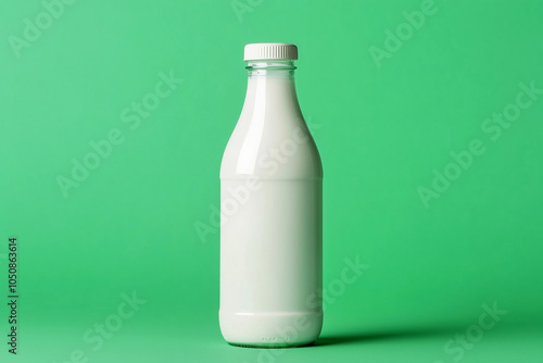 Milk bottle with caps on green background. Concept of dairy products and freshness photo