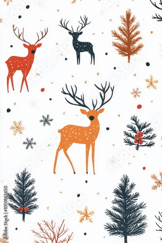 Festive reindeer and pine trees pattern in vibrant colors for holiday decorat...