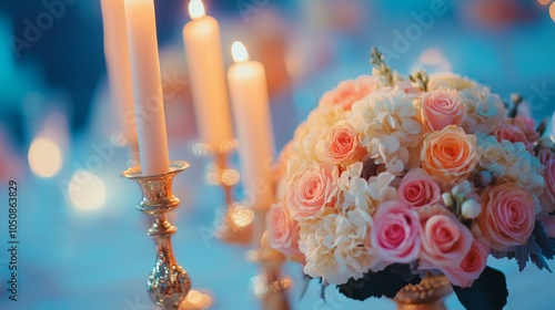 Romantic candlelit dinner setting with sparkling lights in the background at ...