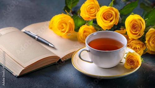 cup of tea with yellow roses and planning book