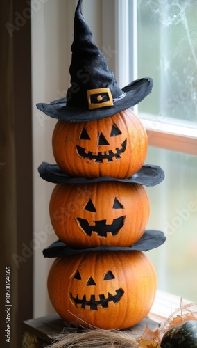 Two stacked Halloween pumpkins wearing a witch hat on a rustic wooden backgro...