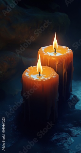 Soft glow of two burning candles against a dark background creating a serene ...