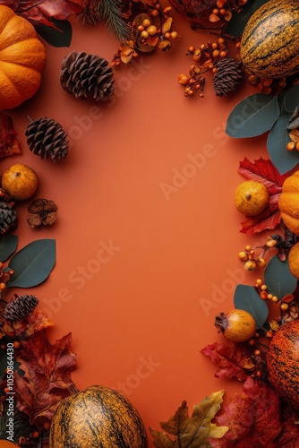 Autumn harvest display with bright oranges, apples, and colorful leaves on a ...