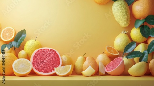 Colorful fruits arranged in a vibrant border on a pink background for a cheer...