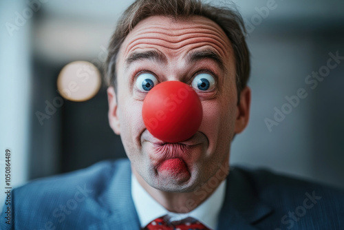 A man with a red nose and suit, juggling colorful balls at a circus. photo