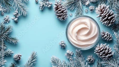 Winter skincare cream jar surrounded by snowflakes and icy blue foliage in a ...