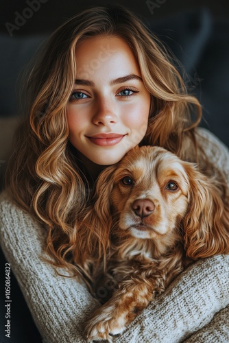 Young girl with long hair cuddling her golden dog in a cozy indoor setting du...