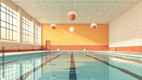 Tranquil indoor swimming pool surrounded by lush greenery and soothing blue t...