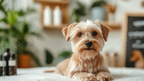 Adorable small white dog sits on pink rug in a cozy room with soft natural light