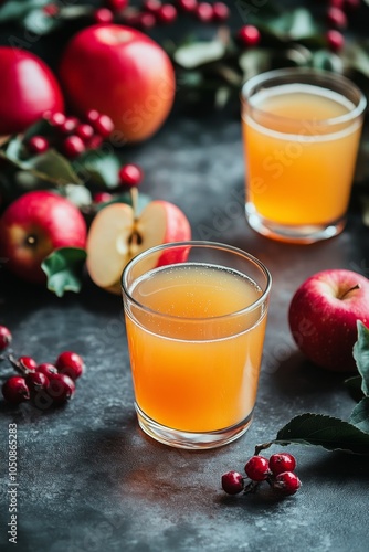 Freshly squeezed juice in a glass bottle surrounded by vibrant plants in sunl...
