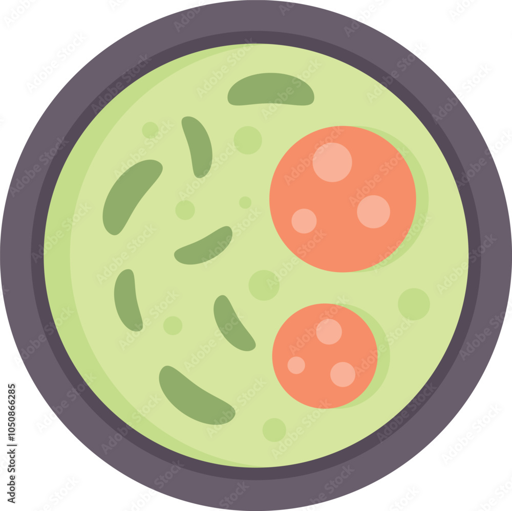 Fototapeta premium Simple vector illustration of a bowl of green pea soup with slices of sausage, shot from above