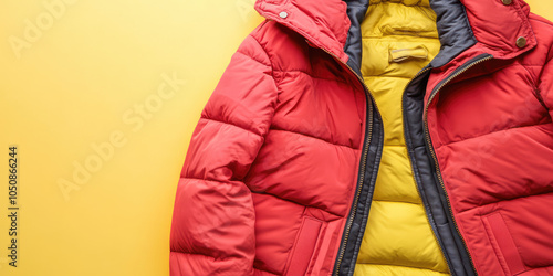 Close-up of winter down jacket with puffy synthetic fill lining, texture background with copy space. Winter fashion  photo