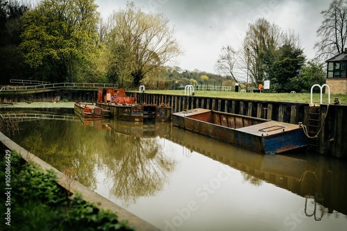 Rusty Barges in a Serene Canal