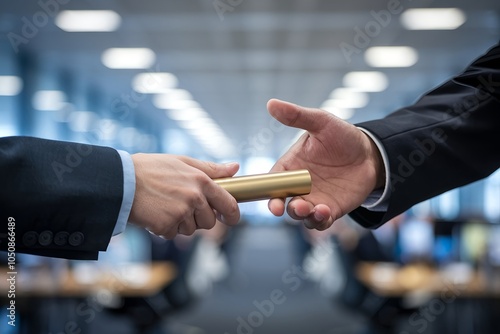 Hands passing relay baton close-up, symbolizing smooth teamwork handover, trust, and collaboration in business; ideal for presentations, websites, and teamwork campaigns.