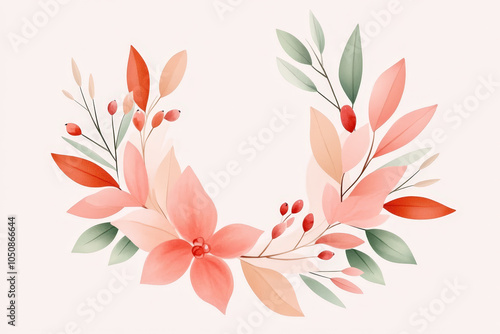 Delicate floral wreath design featuring pink and green leaves with soft berries, perfect for seasonal decor or invitations.