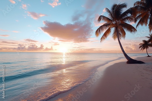 Fototapeta Naklejka Na Ścianę i Meble -  Tropical beach at sunset and palm trees