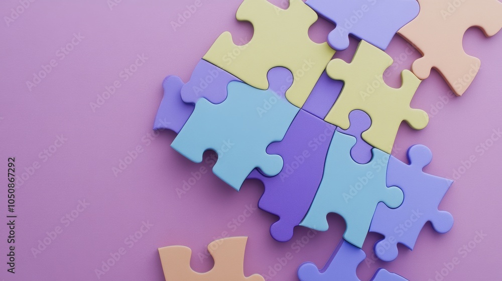 Obraz premium A series of colorful, interconnected puzzle pieces against a solid background, symbolizing the concept of inclusivity and the idea that everyone fits into the whole