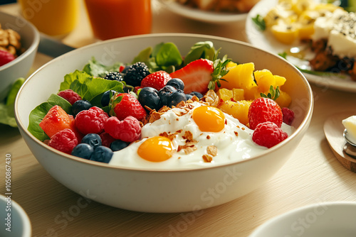 Breakfast plate featuring eggs, fruits, and yogurt on a wooden background, concept of healthy eating