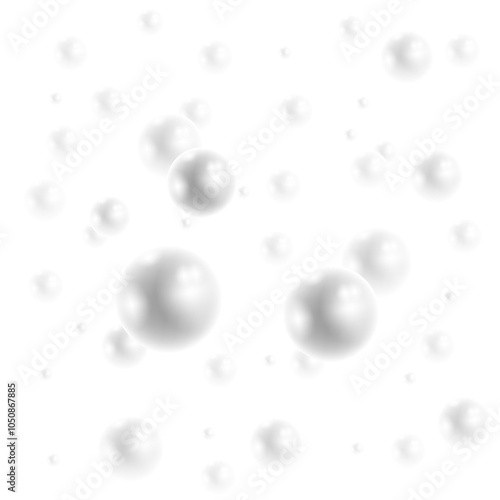 Vector grey spheres. Flying white natural pearl sphere, blur on light pearly background. Luxury jewelry pearl with white glowing light for science or beauty advertisement.