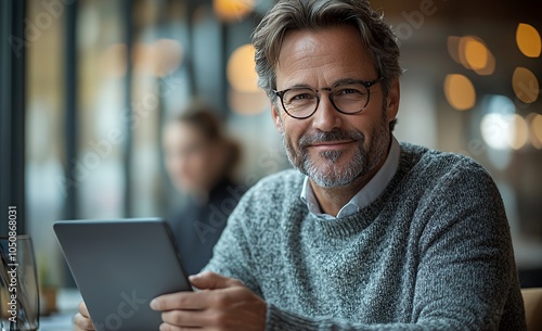 Smiling man with glasses holding a tablet in a cafe.