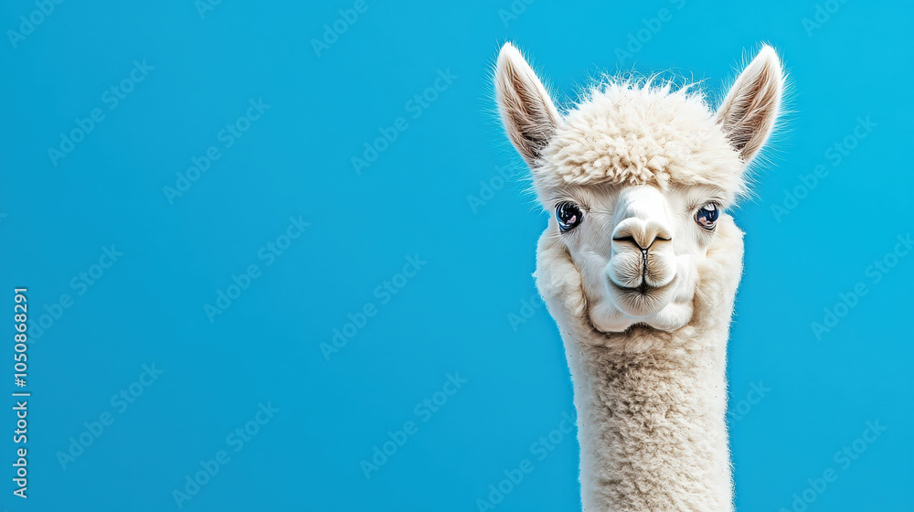 Obraz premium Adorable Alpaca Face Against Blue Background