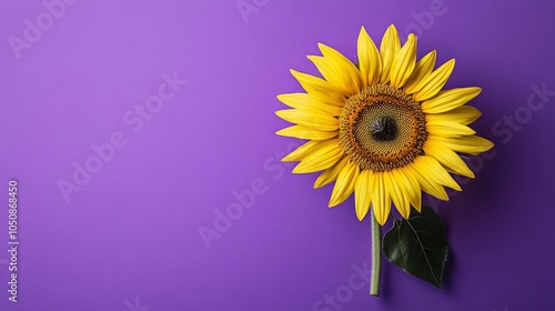 A single bright yellow sunflower on a solid purple background symbolizing diversity and growth, Highlighting the potential and beauty in diverse environments, minimalistic style