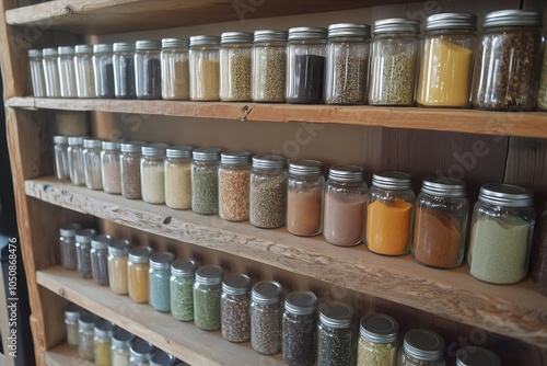 Wallpaper Mural Wooden shelves with glass jars filled with spices Torontodigital.ca