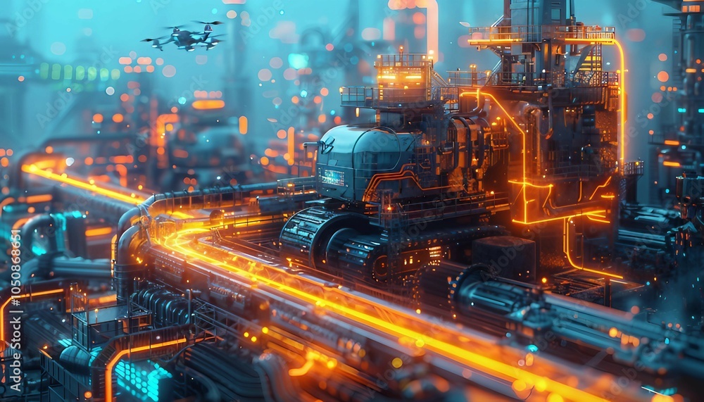 Fototapeta premium Smart Infrastructure in Action, a construction site for a smart city project with advanced machinery controlled by AI. Show automated drones, 3D-printed building sections,