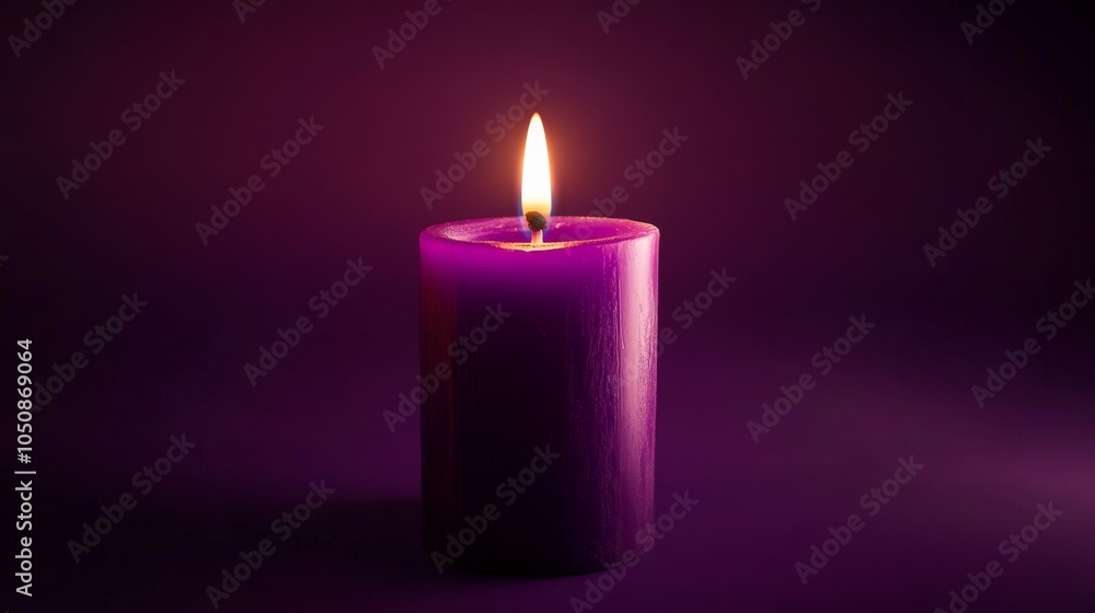 A single lit candle on a deep purple background representing the light of inclusion, Emphasizing the warmth and guidance of embracing all, minimalistic style A single lit candle on a deep purple background representing the light of inclusion, Emphasizing the warmth and guidance of embracing all, minimalistic style