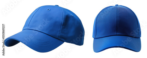Two different blue baseball caps displayed side by side, showcasing varying shades and designs in natural light