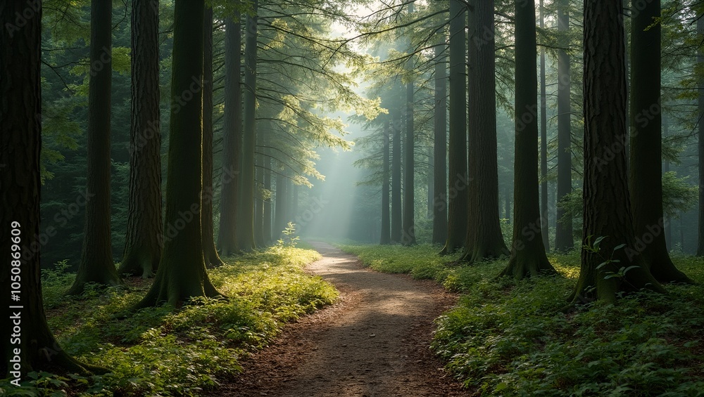 Fototapeta premium Enchanting forest trail with moss covered trees and sunlight filtering through canopy