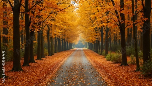 Serene autumn forest path covered in golden leaves