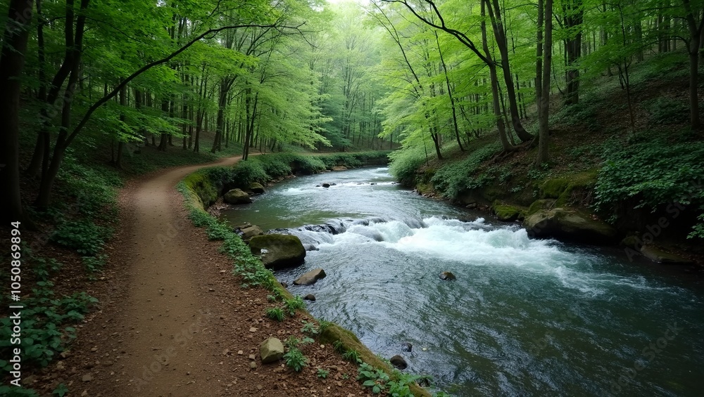 Obraz premium Scenic trail winding along river through dense forest