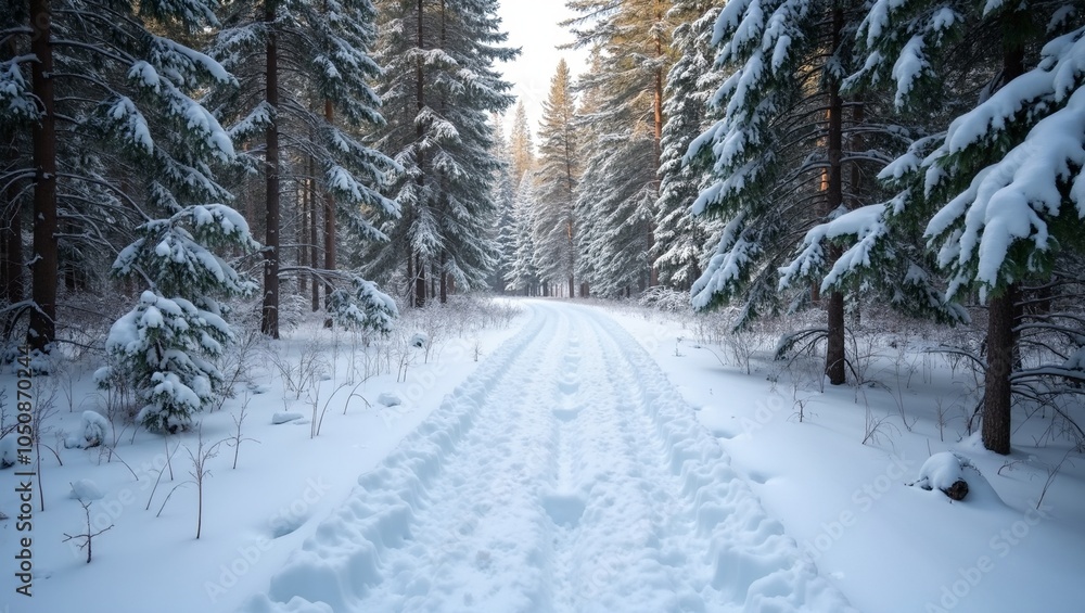 Obraz premium Serene winter forest scene with snow covered trail and animal tracks