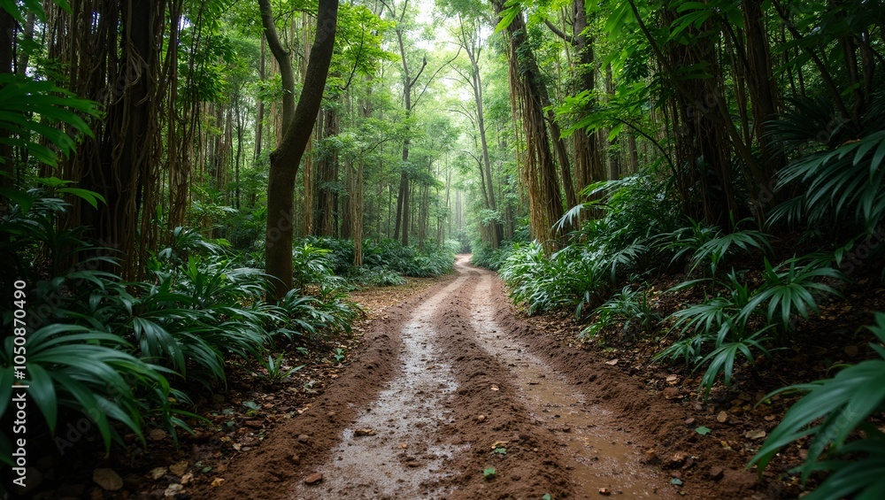 Fototapeta premium Explore a muddy rainforest path with towering trees and hanging vines