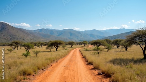 Savanna landscape with dirt path acacia trees hills and blue sky