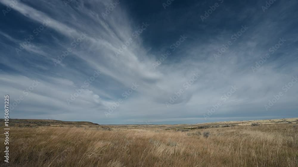 Mid day dry prairie grass blowing in the wind under a blue sky with Cirrus clouds
Mid day dry prairie grass blowing in the wind under a blue sky with Cirrus clouds