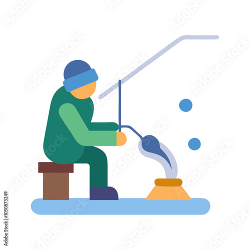 Person fishing through ice hole on frozen lake with winter attire and fishing equipment