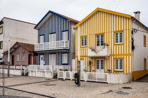 Street with colorful houses. Street with striped houses, Costa Nova, Aveiro, Portugal