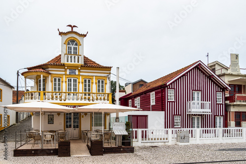 Street with colorful houses. Street with striped houses, Costa Nova, Aveiro, Portugal