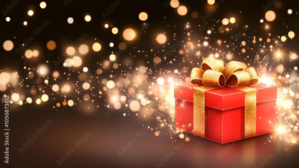 Christmas Red Gift Box with a Gold Ribbon and Shiny Background. Christmas Red Gift Box with a Gold Ribbon and Shiny Background.