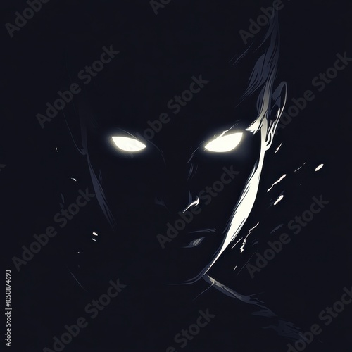 A dark silhouette with glowing white eyes emerging from shadows, high contrast, minimalist style, neon accents