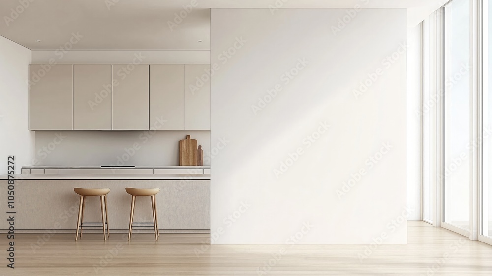 Mock-up of white wall in minimalist kitchen interior, empty space for your content Mock-up of white wall in minimalist kitchen interior, empty space for your content