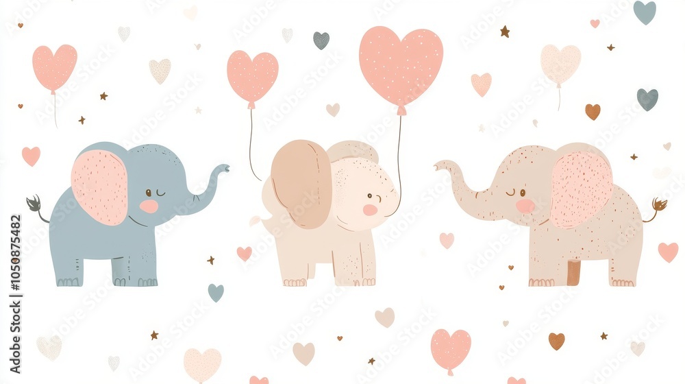 Baby elephant with hearts and stars, whimsical vector illustration, perfect for nursery decor and wrapping paper Baby elephant with hearts and stars, whimsical vector illustration, perfect for nursery decor and wrapping paper