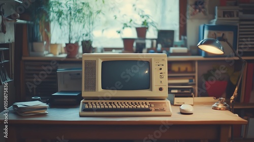 Warmly lit room with an old computer and keyboard on a desk evoking a vintage workspace atmosphere