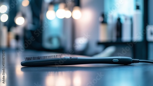 black hair straightener on a salon counter