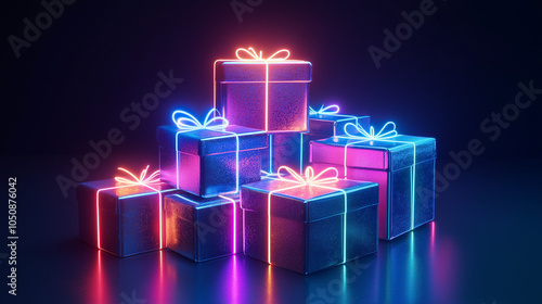 Stack of neon gift boxes with ribbon, light gift box for birthday, wedding, anniversary, party, event, gift guide, retail idea, advertising, Christmas gifts.AI generation