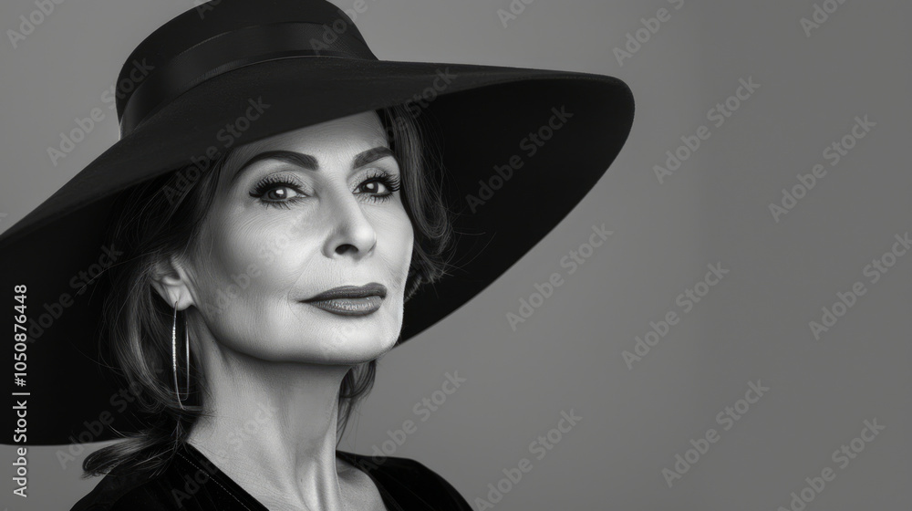 Elegant 50-year-old Caucasian woman wearing a wide-brimmed hat against a plain background. Concept of Classic Fashion, Confidence, Timeless Elegance, Beauty, Vintage Style. Black and White Elegant 50-year-old Caucasian woman wearing a wide-brimmed hat against a plain background. Concept of Classic Fashion, Confidence, Timeless Elegance, Beauty, Vintage Style. Black and White