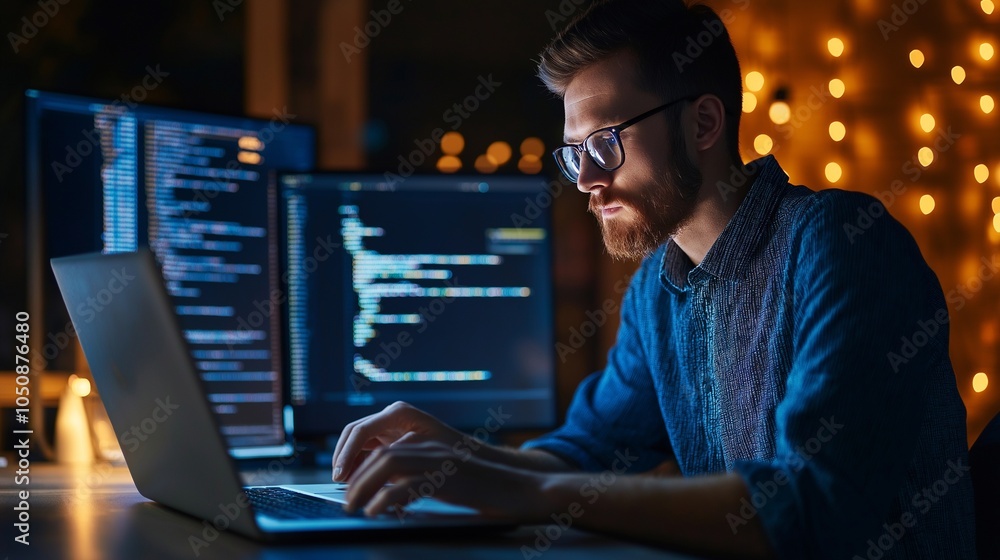 programmer hunched over his laptop analyzes code programmer hunched over his laptop analyzes code